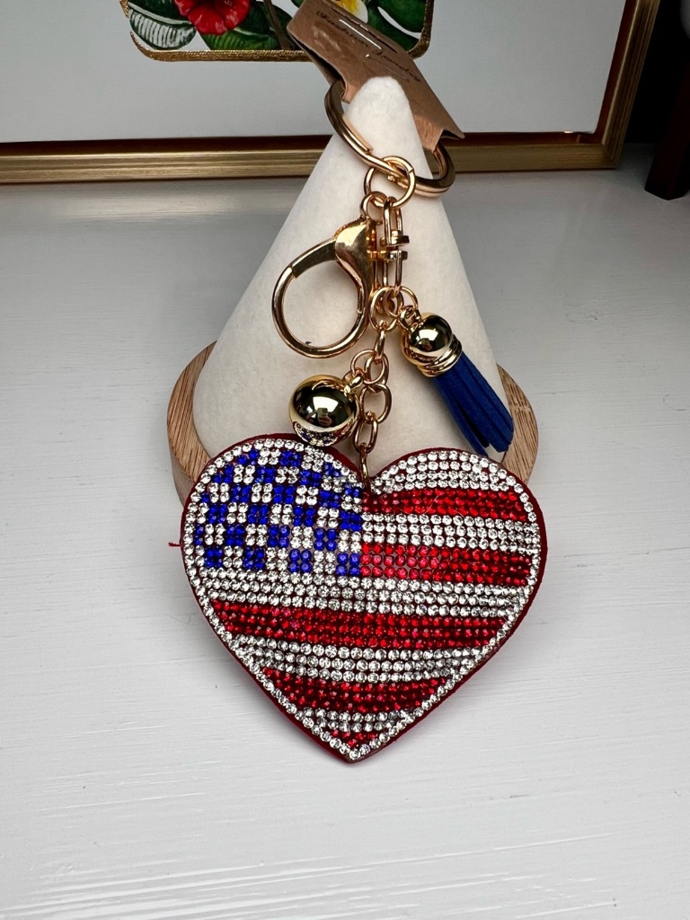Sparkling Patriotic Heart Keychain Bag Charm and Card Holder - Red, White & Blue - Picture 3 of 7